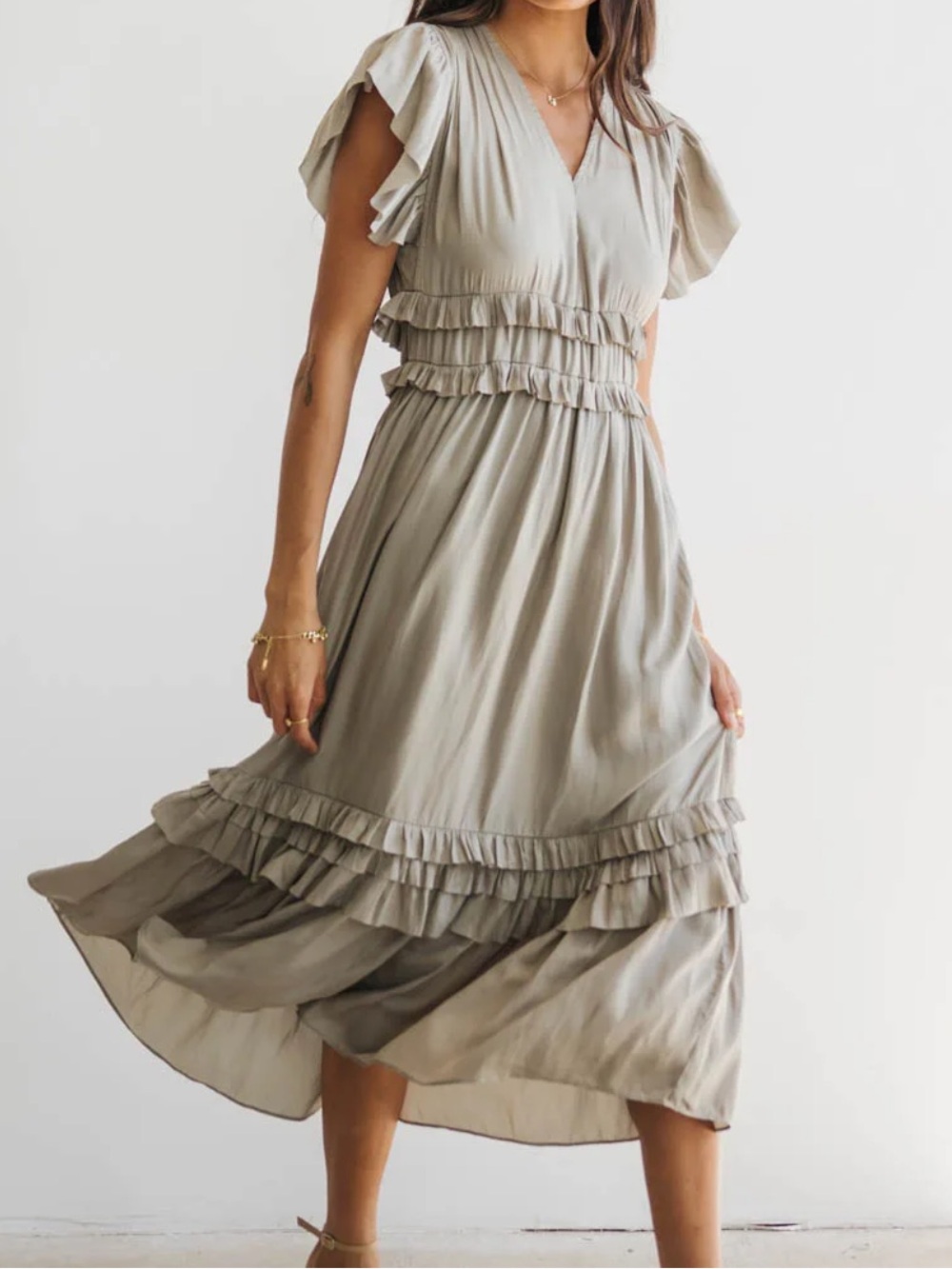 Bohme Willa Ruffle Dress women’s beige modest ruffle sleeves size medium